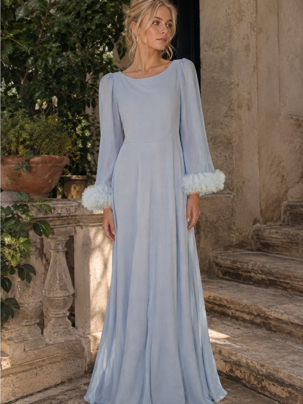 Vintage style Light Blue Long Sleeve Chiffon House Dress with Ruffle Cuffs